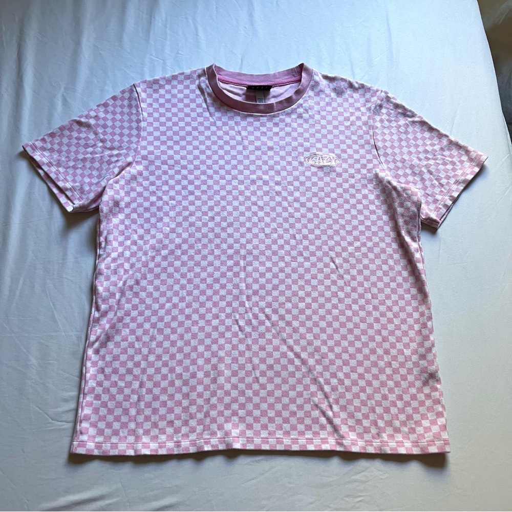 LAZY OAF pink logo patch checker short sleeve knit T-shirt